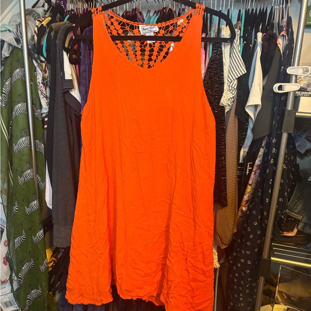 Bold Orange Crochet Back Sleeveless Midi Dress